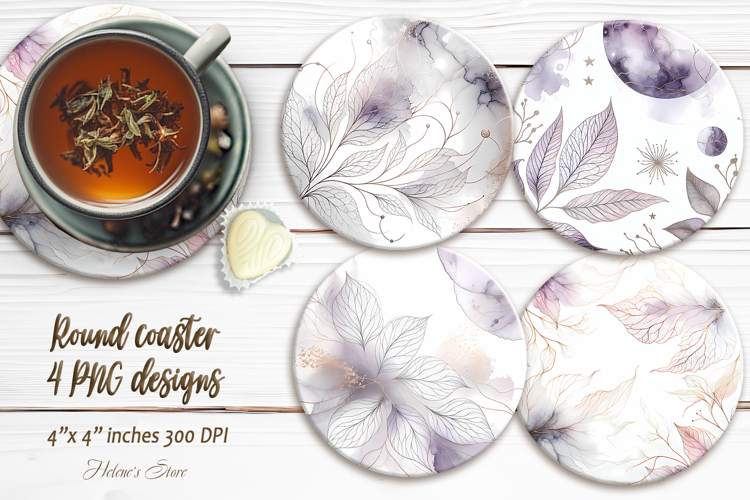 Watercolor Purple Leaves round coaster sublimation designs