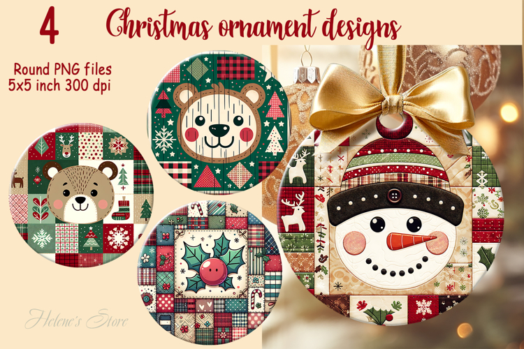 Christmas patchwork round ornament sublimation designs PNG