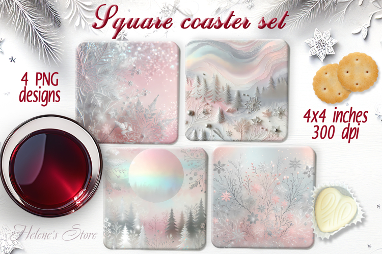 Silver Pink Christmas square coaster sublimation designs png