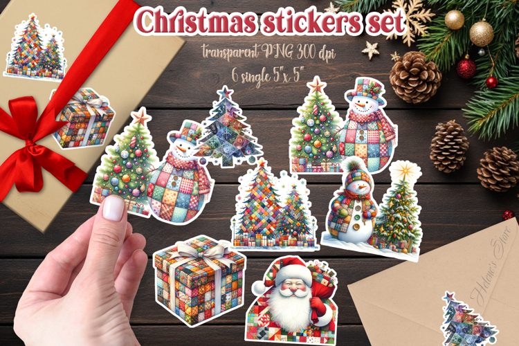 Cute Christmas patchwork printables stickers|Santa Claus png