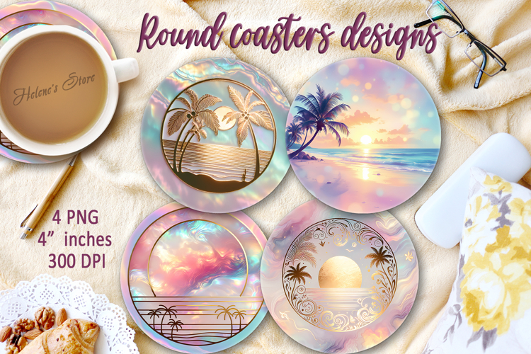 Summer beach gold pearl round coaster sublimation designs