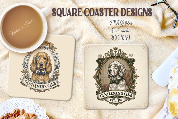 Vintage Gentlemen Dog square coasters sublimation design png example image 1