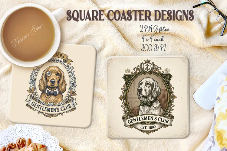 Vintage Gentlemen Dog square coasters sublimation design png