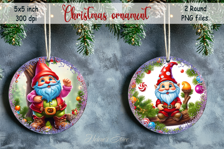 Christmas tree and gnome round ornament sublimation designs