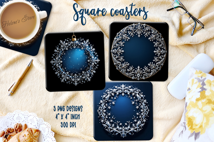 Vintage Christmas silver pattern square coasters sublimation