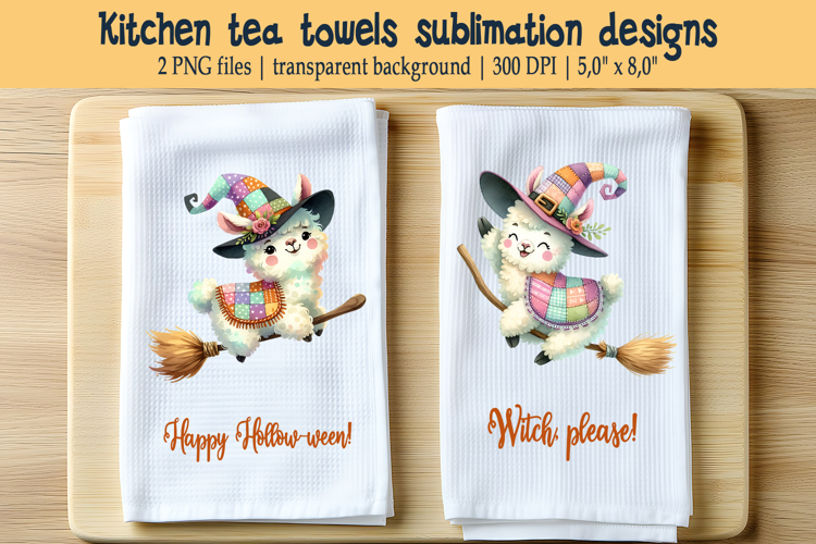 Witch llama and Halloween quote kitchen tea towel design