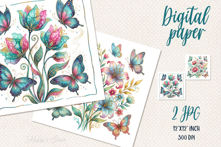 Whimsical flowers digital papers jpeg |Floral Scrap booking example image 1