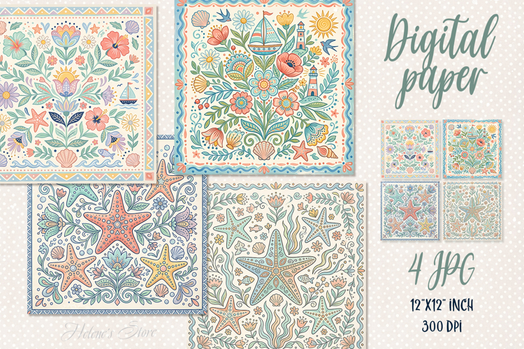 Folk floral ocean tiles digital papers jpeg | Scrap booking