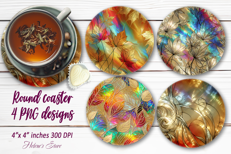 Colorful golden leaves round coaster sublimation designs png