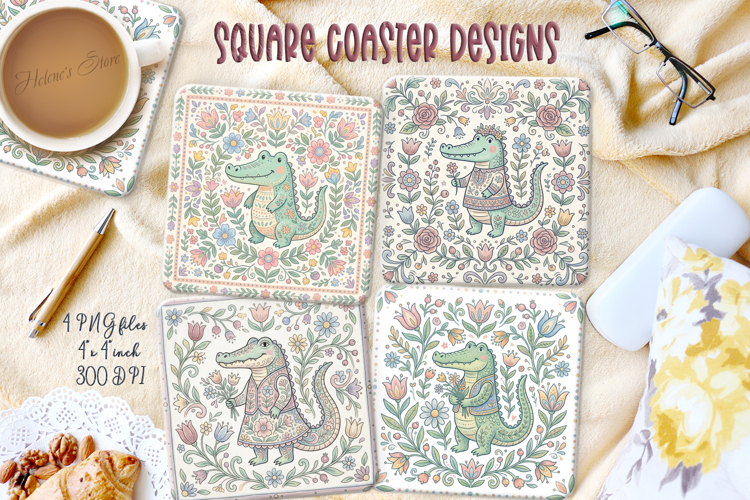 Pastel folk alligator floral tile square coaster designs