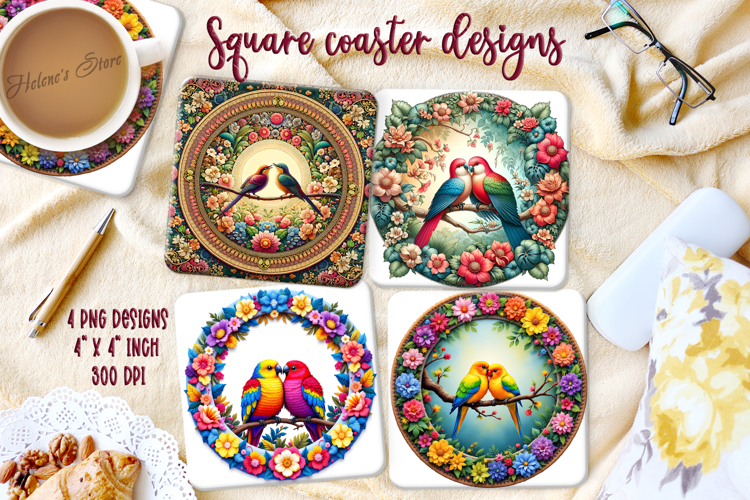 Lovebirds on round floral frame square coaster design png