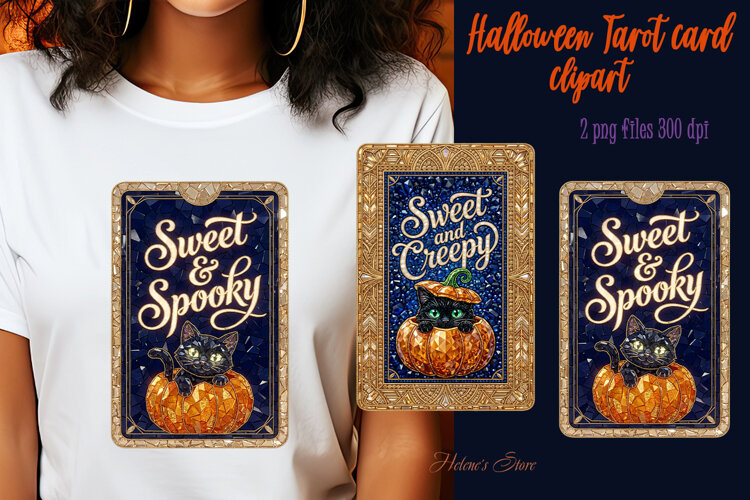 Black Halloween Cat sublimation design| Tarot card clipart example image 1