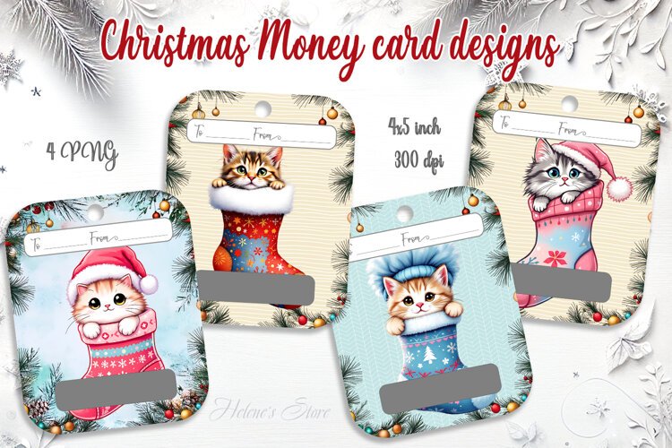 Kawaii Christmas Cat Money Card PNG | 4 Designs example image 1