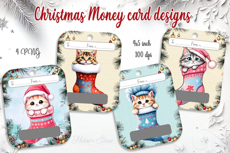 Kawaii Christmas Cat Money Card PNG | 4 Designs
