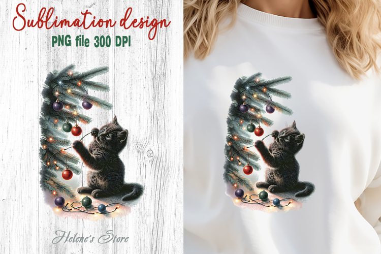 Christmas lights & black cat clipart| Winter t shirt designs