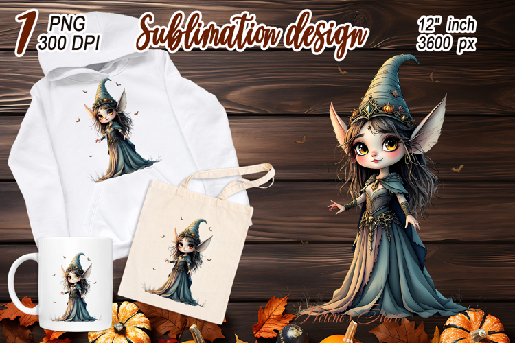 Cute watercolor Halloween elf girl sublimation design png