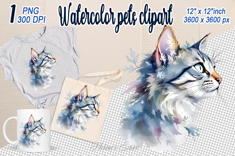 Cute watercolor cat clipart | Colorful cat design png