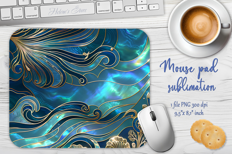 Iridescent blue ocean design sublimation design mouse pad