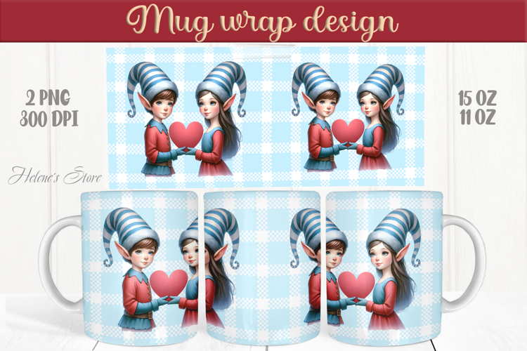 Cute elf kids with heart Mug wrap sublimation| Boy and girl