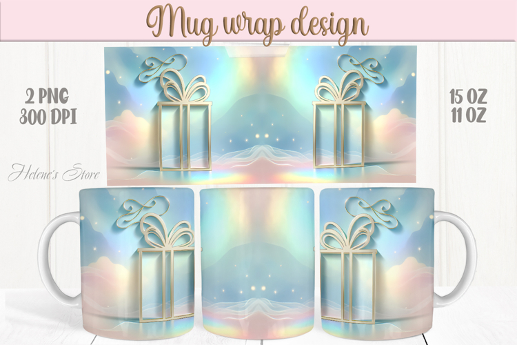 Pastel Christmas mug wrap png| Gold gift box mug sublimation