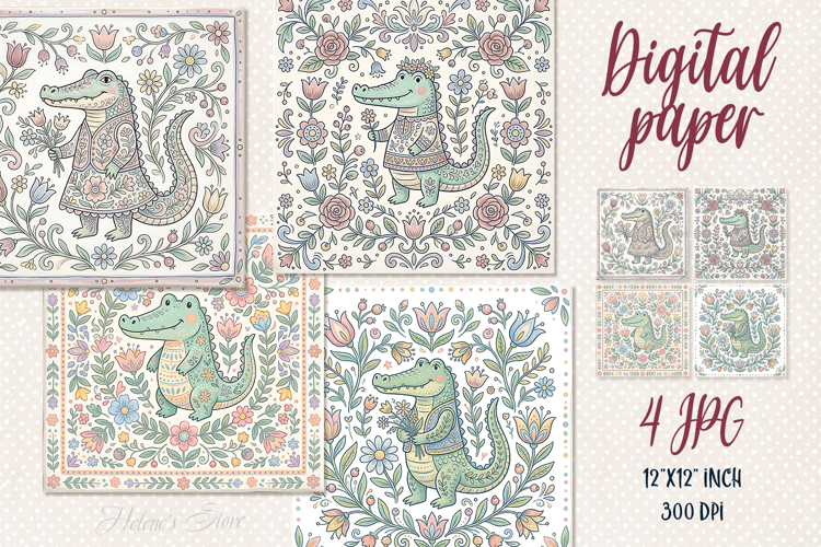 Folk floral alligator tile digital papers jpeg|Scrap booking