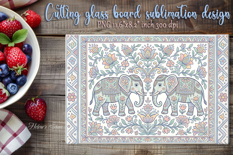 Pastel elephant folk floral tile glass cutting board design