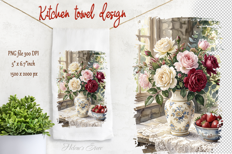 Roses bouquet and strawberry farmhouse kitchen towel png