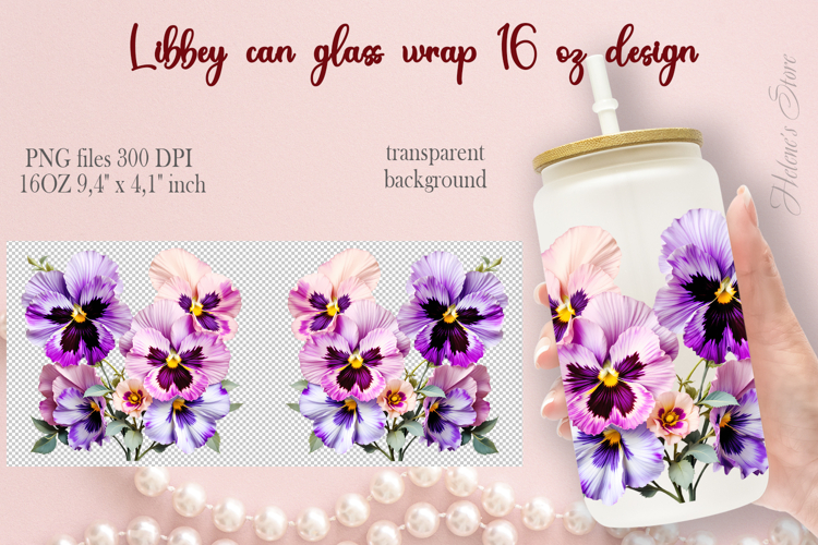 Cute Pansies flowers Libbey Can Glass Wrap 16oz design png
