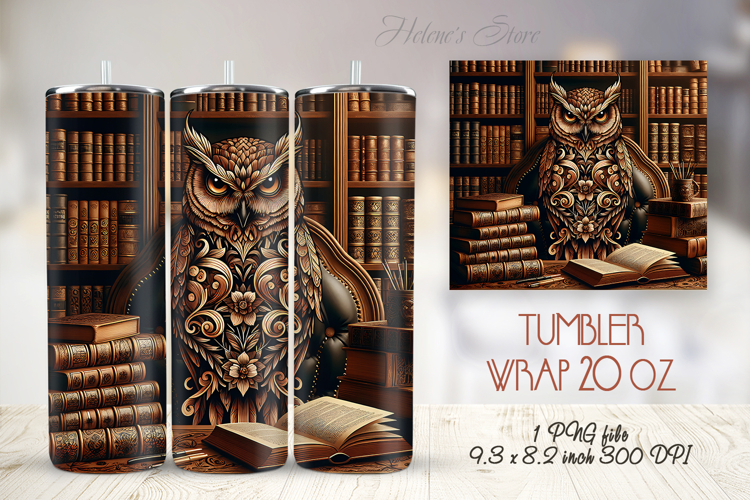 Owl in wooden library straight skinny tumbler 20 oz wrap