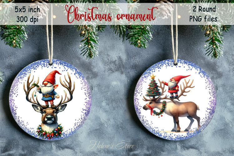 Funny gnome and deer round ornament sublimation designs png example image 1