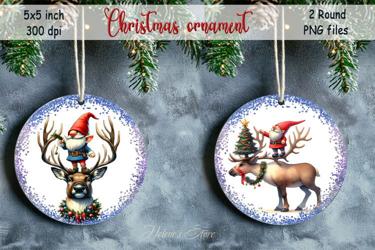 Funny gnome and deer round ornament sublimation designs png