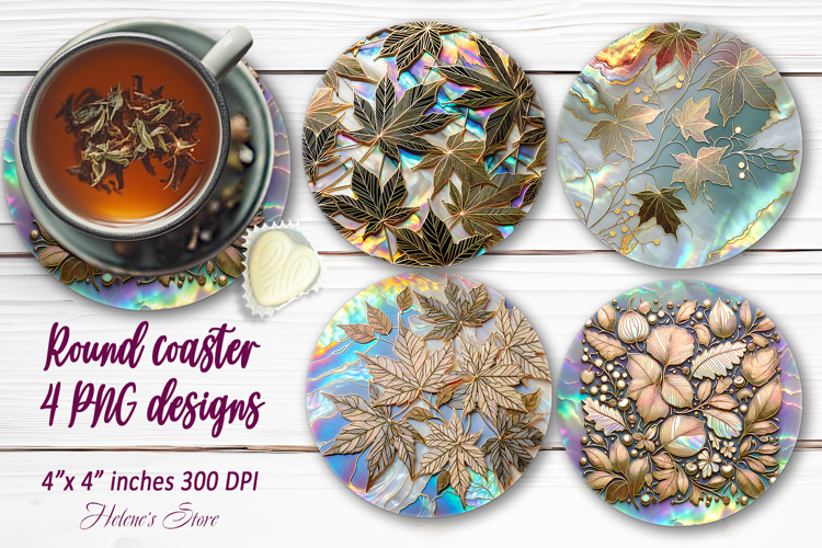 Golden leaves pattern round coaster sublimation designs png