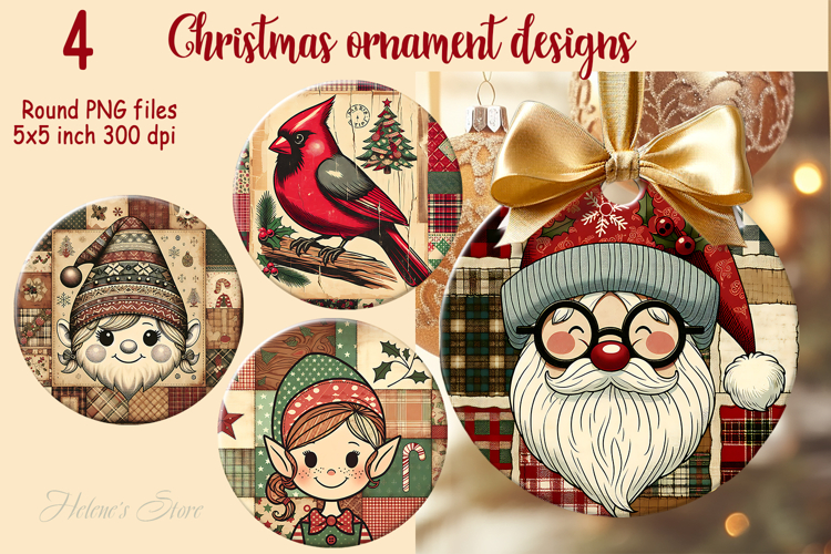 Christmas patchwork round ornament sublimation designs PNG