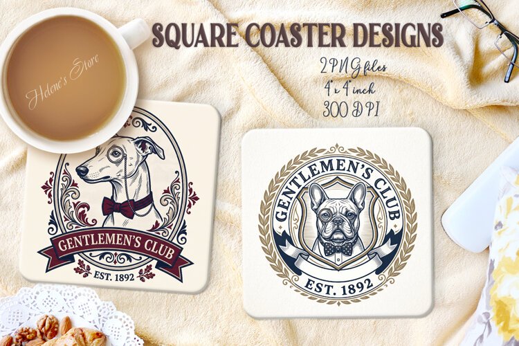 Vintage Gentlemen Dog square coasters sublimation design png example image 1