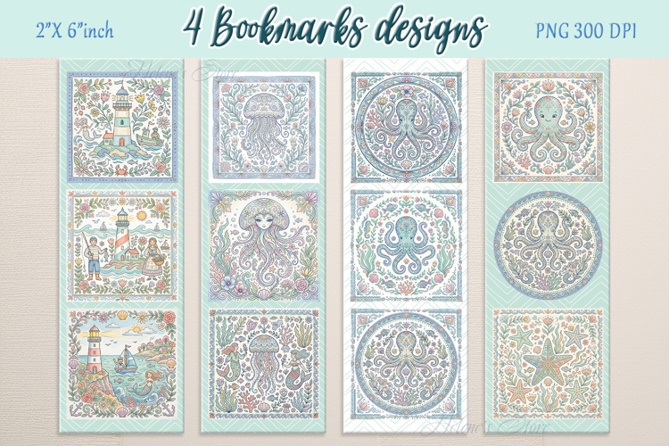 Pastel sea life pattern Printable bookmark png |4 Book craft