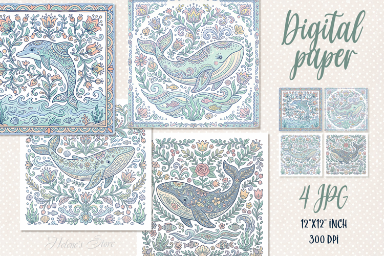 Folk floral ocean tiles digital papers jpeg | Scrap booking