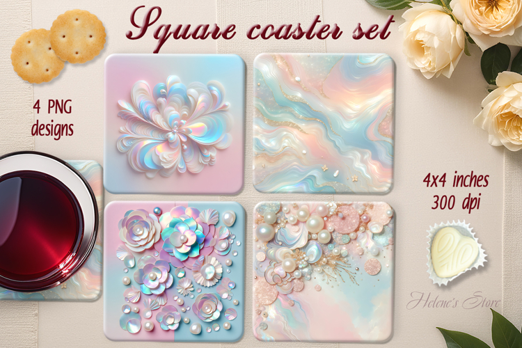Pastel blue pink abstract square coaster sublimation png