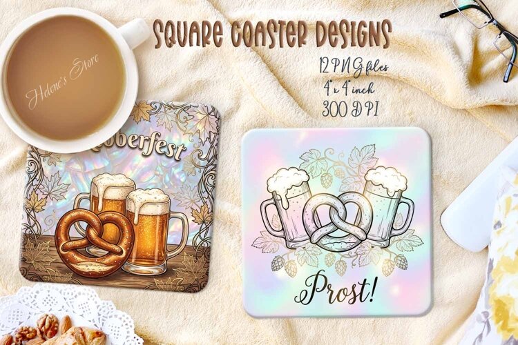 Octoberfest square coasters sublimation design png | Prost example image 1