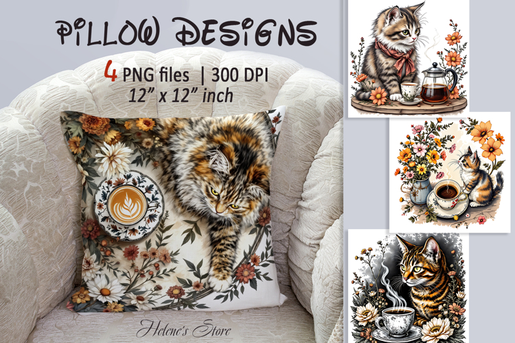 Coffee and cat in flowers sublimation pillow case designs