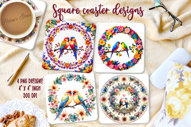 Lovebirds on round floral frame square coaster design png