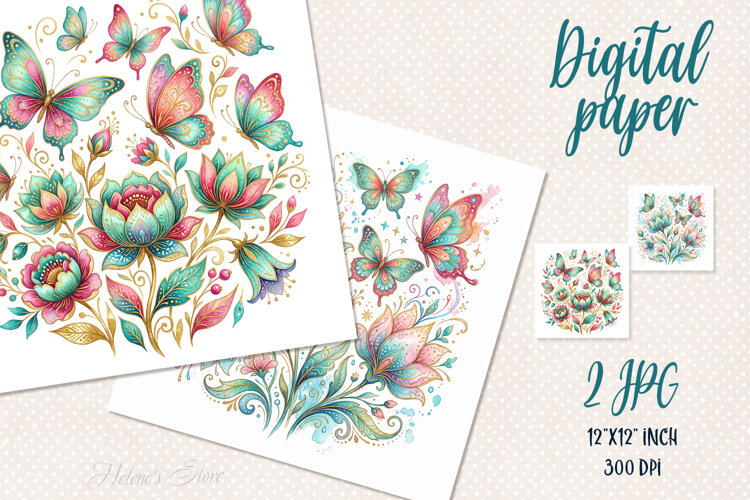 Whimsical flowers digital papers jpeg |Floral Scrap booking example image 1