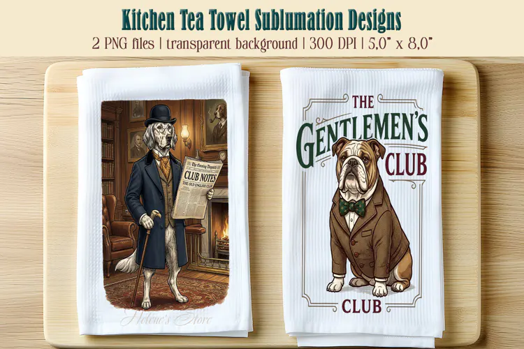 Dog Gentlemen kitchen tea towel sublimation designs png