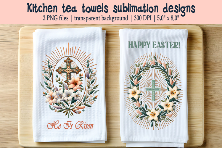Easter cross with flowers kitchen tea towel sublimation png