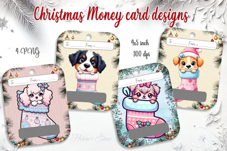 Kawaii Christmas Dog Money Card PNG | 4 Designs