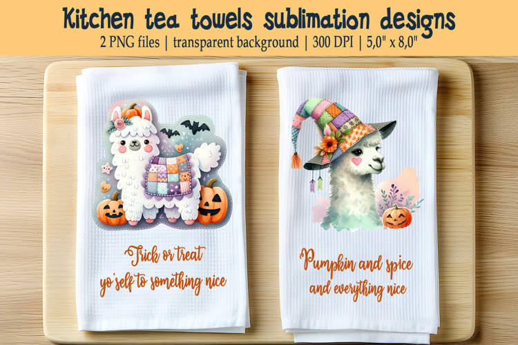 Witch llama and Halloween quote kitchen tea towel design