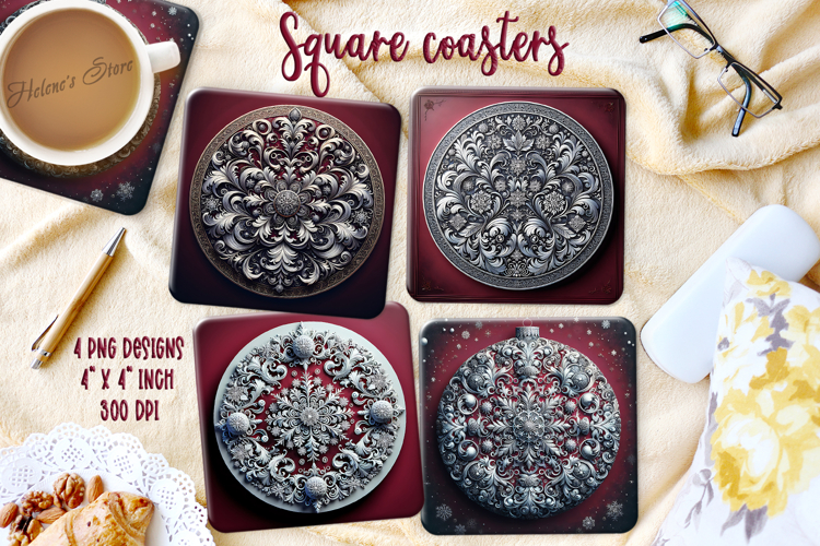 Vintage Christmas silver pattern square coasters sublimation