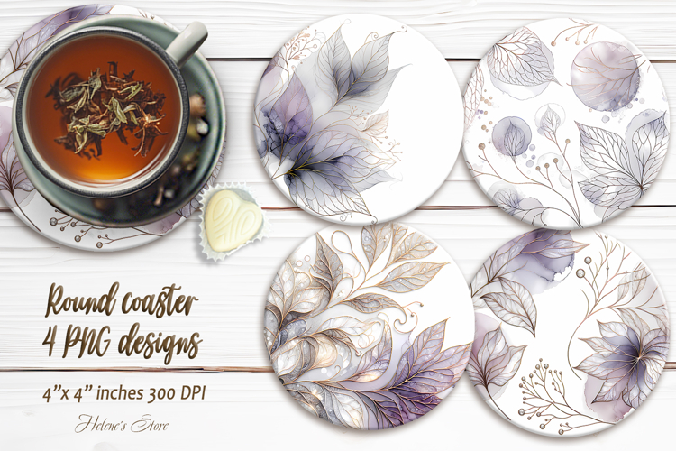 Watercolor Purple Leaves round coaster sublimation designs