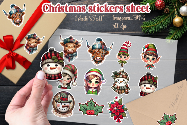 Christmas patchwork printables stickers sheet| Highland cow