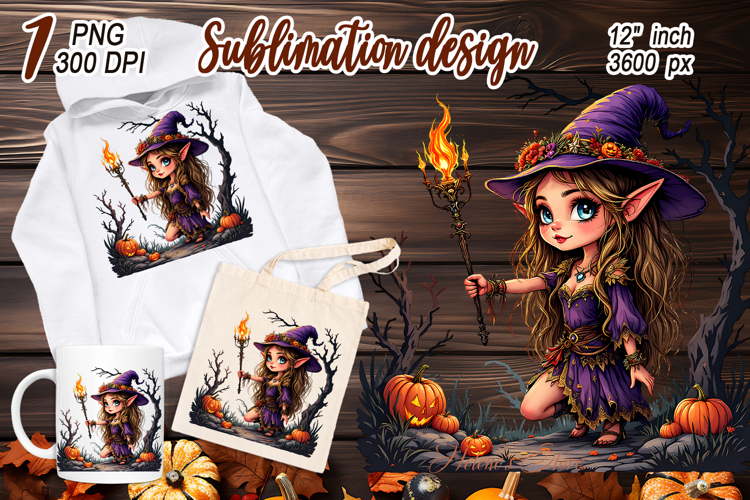 Cute watercolor Halloween elf girl sublimation design png