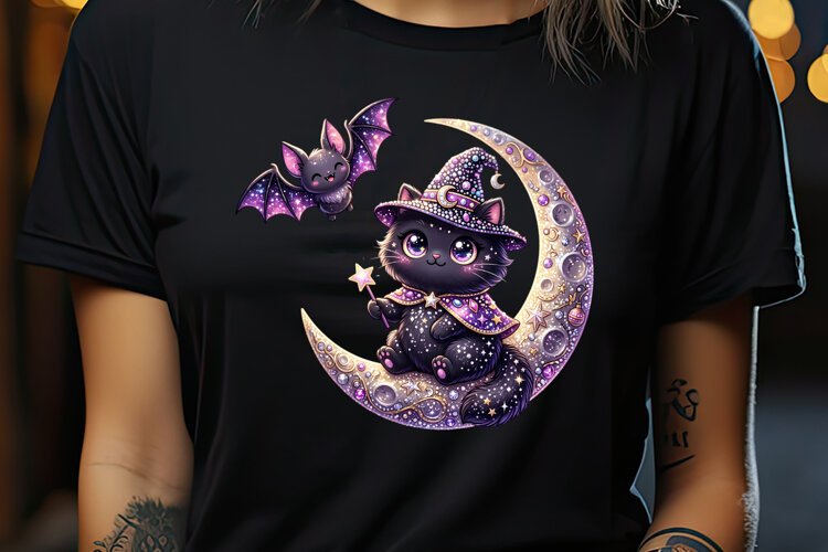 Cute Halloween clipart | Kawaii black cat sublimation design example image 1